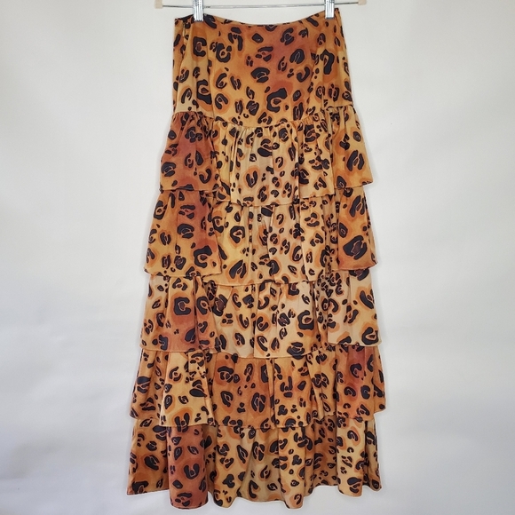 Mara Hoffman Marzia Tiered Maxi Skirt Size 2 Animal Print Ruffle Tan Brown Party - Picture 6 of 12